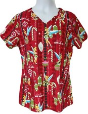 NWT Women's Sz Small DISNEY Tinkerbell Scrub Top Red/MC SS Pockets Vented
