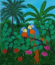 1985 Martin Bessega Two Parrots Naif Painting PARIS Argentina Venezuela Artist