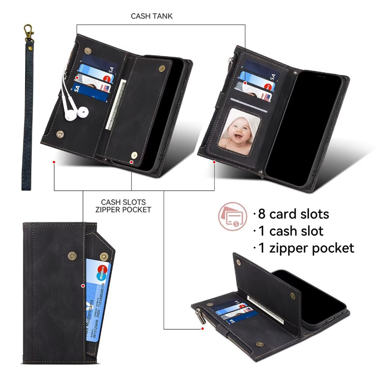 Leather Card Holder Zip Wallet Case with Strap Compatible with iPhone SE 14 13 12 11 XR 7 8 XS