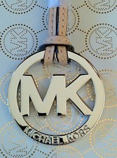NEW MICHAEL KORS LARGE 2" SILVER MK LOGO CHARM / BEIGE LEATHER STRAP HANDBAG FOB