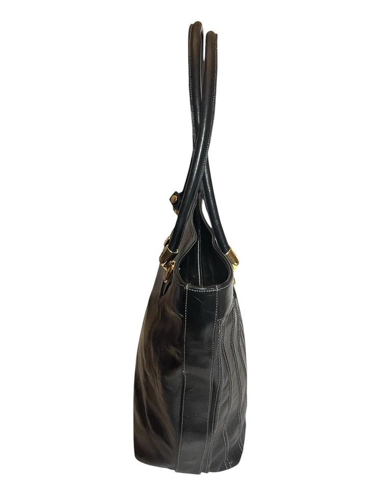 Bolso de Hombro Grande de Colección Marino Orlandi Cuero Cosido Negro con Cremallera ITALIA Foto 4 de 4