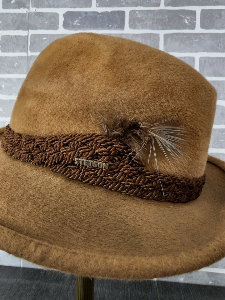 Vtg Stetson Fedora Hat 6 3/4 1960s Mens Sovereign Tan Velour Braid Feather Cap - Image 3 of 4