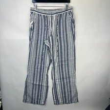 Jones New York 100 Linen Pants Sz 10 Blue Stripe Drawstring Wide Leg Women A65