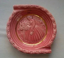 Vintage Paul Genter Circa 1940 Pink Ceramic Gowned Lady Floral Ashtray