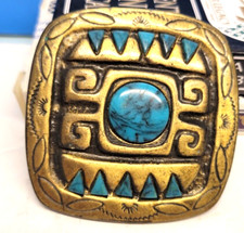 VINTAGE SOUTHWESTERN DESIGN TURQUOISE GOLD TONED BELT BUCKLE - U