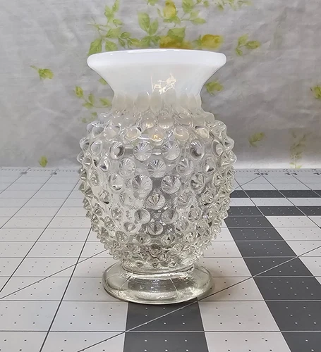VTG Fenton White Opalescent/Clear Small Flower Bud Vase Hobnail 3.5" Tall Vase