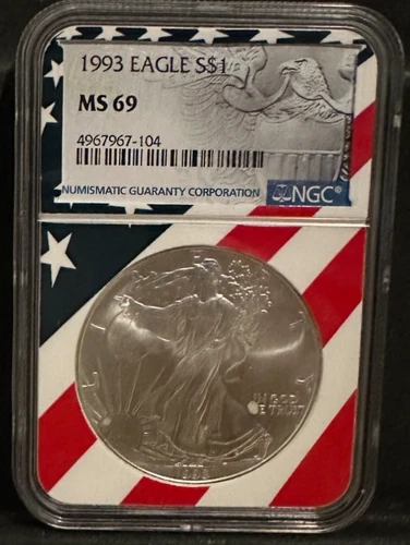 1993 $1 AMERICAN SILVER EAGLE NGC MS69 USA FLAG CORE HOLDER