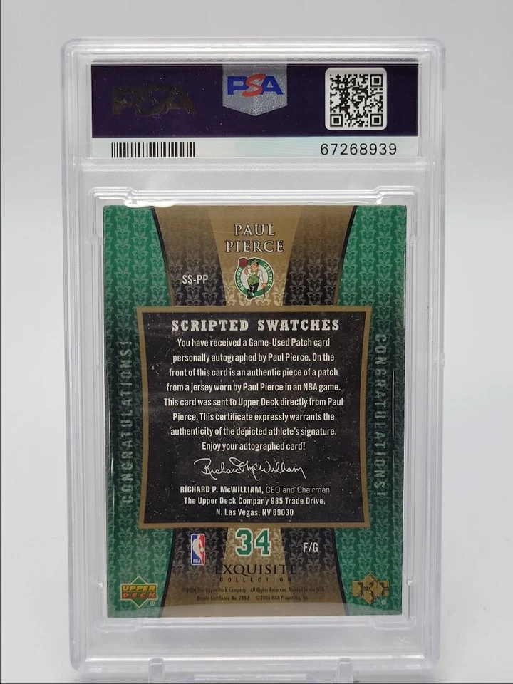 PAUL PIERCE 2005-06 UD EXQUISITE SCRIPTED PATCH AUTOGRAPH AUTO /25 PSA 6 Q3908 - Image 2 of 2