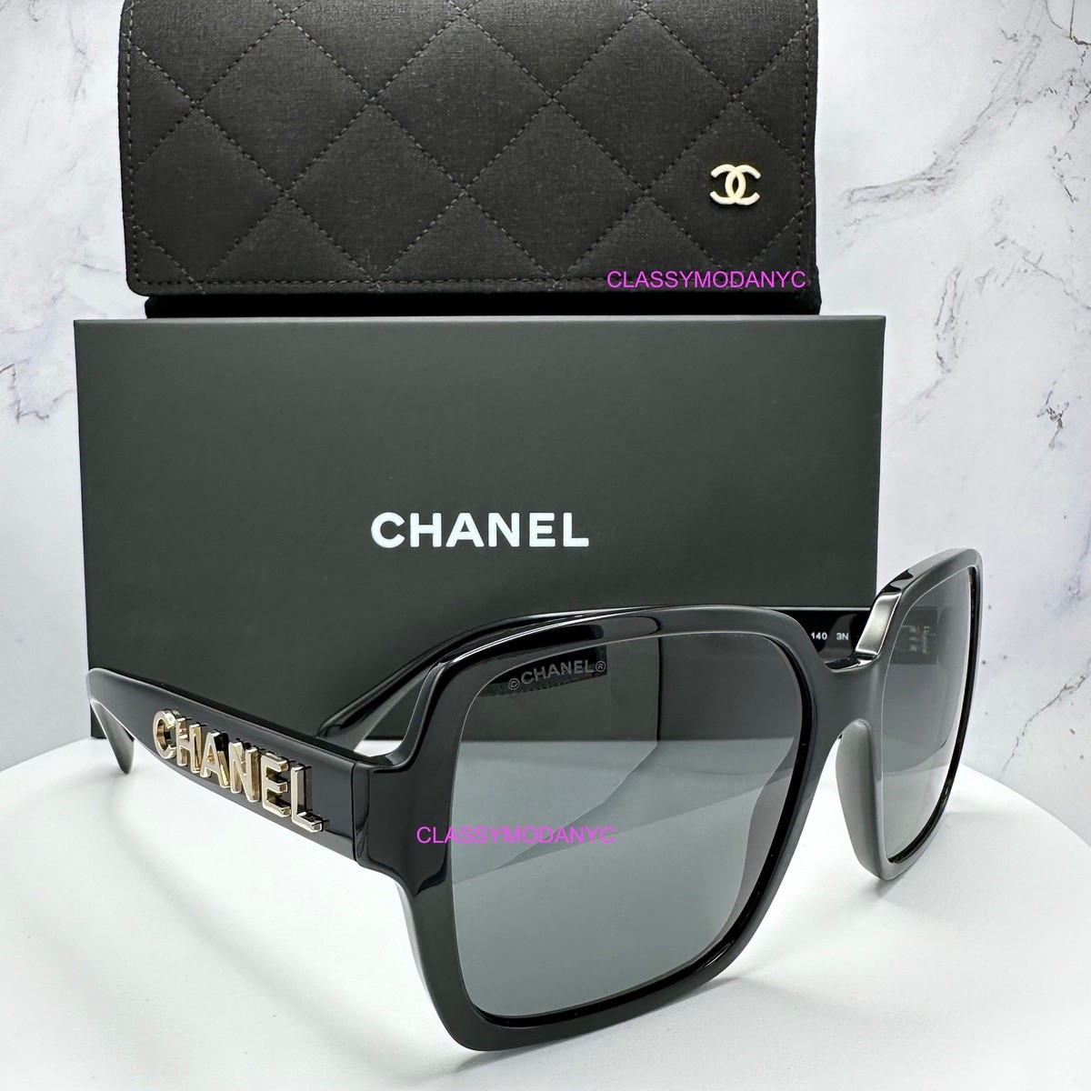 CHANEL Black Sunglasses with Gold Lettering CHANEL Sunglasses: Rectangle Sunglasses, acetate — Fashion  main image 4
