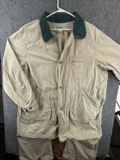 VTG LL Bean Chore Coat USA Made Canvas Workwear Game Pouch Tan Beige Collar C686
