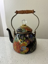 MacKenzie-Childs Black Flower Market Enamel Tea Kettle 2 Qt Floral Teapot