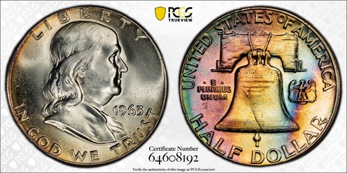 1963 Franklin half dollar monster toned PCGS MS65 Morgan like rainbow colors