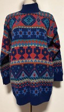 Vtg 80s Beldoch Popper Women's Sweater Medium Pullover High Neck Blue Geometric