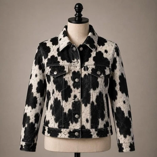 Black White Cowhide Jacket | Hair On Hide Leather Denim Trucker | Western Style - product listing photo
