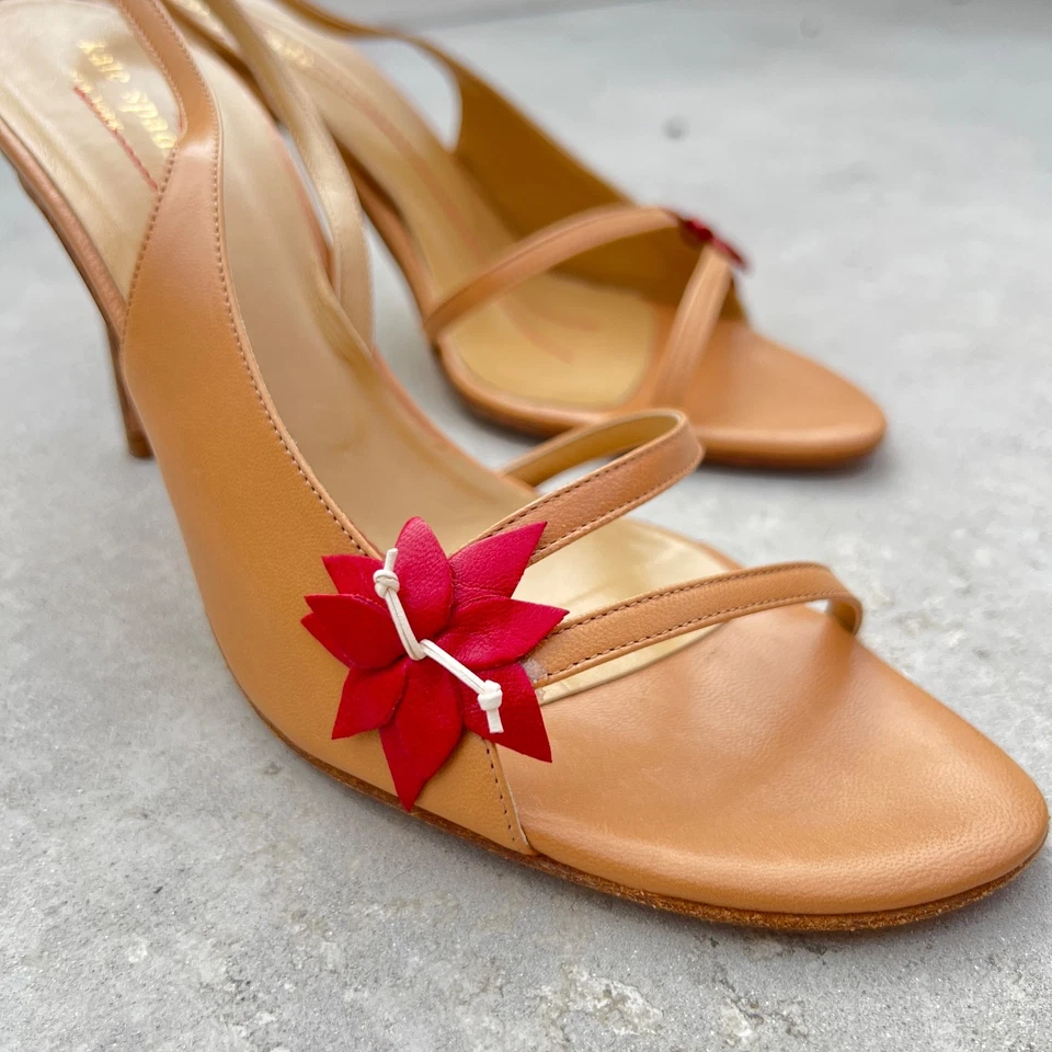 Kate Spade | Nude Leather Red Flower Dual Strap Open Toe Slingback Heels (9 1/2) - Image 4 of 4