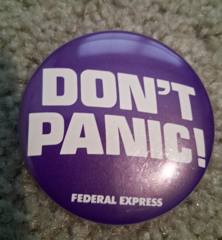 VTG Button Pinback Don't Panic! Federal Express FedEx Promo Purple & White 2.25"