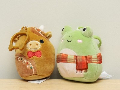 Set of 2 Christmas Holiday Squishmallows Clip On Keychain Plushies Frog and Cow