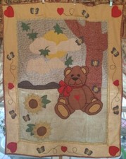 Homemade Teddy Bear Flowers Butterflies With Hearts Baby Quilt 45" By 36"
