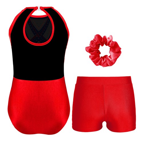 Kids Girls Bodysuit With Shorts Headwear Sleeveless Gymnastics Outfit Glittery - Picture 35 of 65