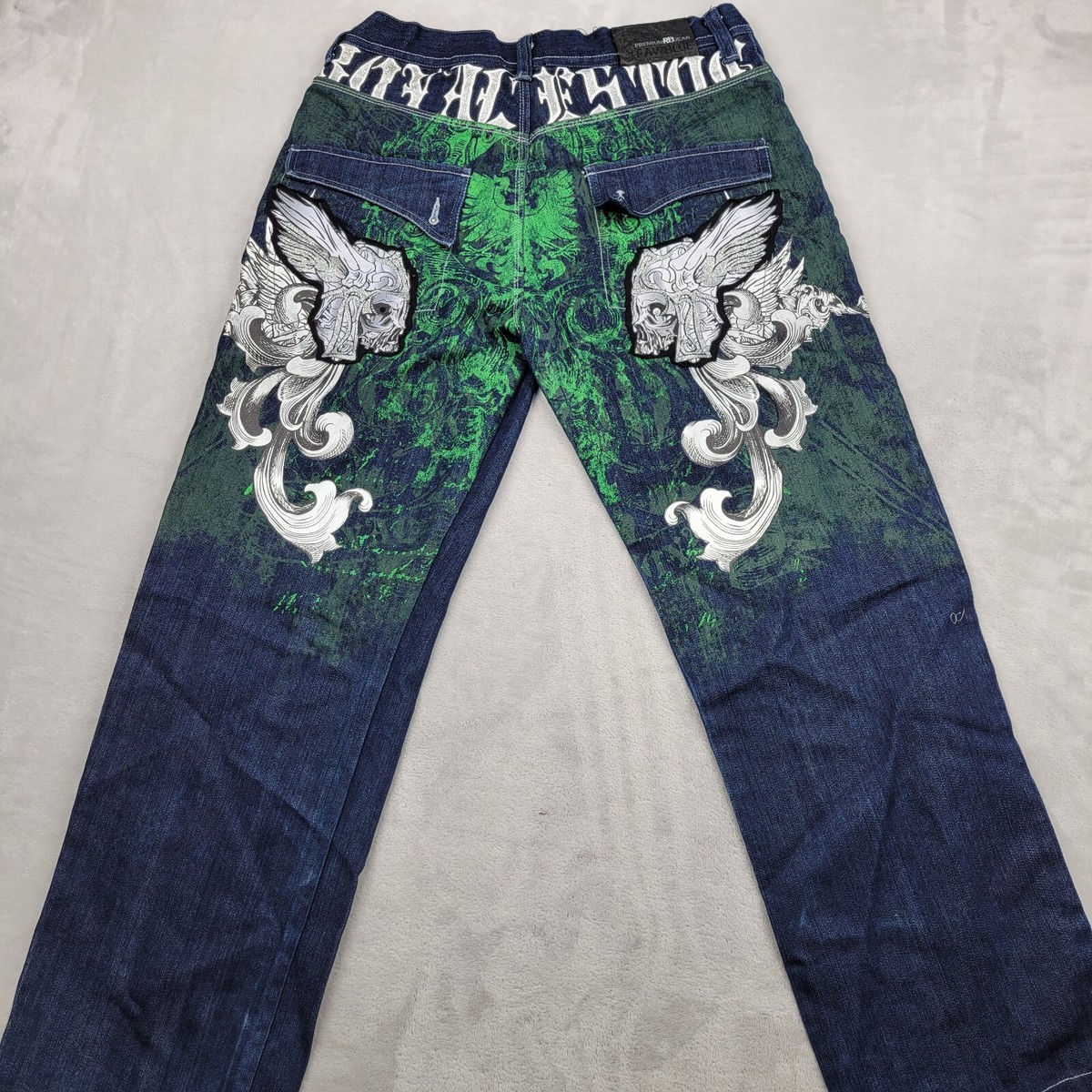 Raw Blue Jeans Men 34x32 Denim Embroidered Embellish Pants Raw Blue Jeans Men 34x32 Denim Embroidered Embellish Pants