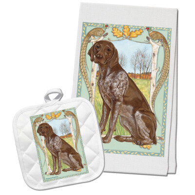 German Pointer Kitchen Dish Towel and Pot Holder Gift Set