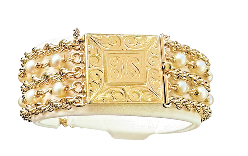 Engraved EMS 14k Gold 3.7 mm Akoya Pearl Five Strand Rope Chain Bracelet 7" - Picture 5 of 12