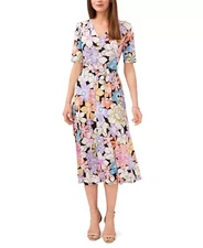 MSK Women's Floral-Print Tie-Waist Midi Dress Multicolor Size L