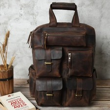 17 In Buffalo Leather Backpack Shoulder Bag Mens Laptop Rucksack Office Handbags