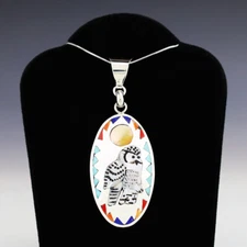 NATIVE AMERICAN ZUNI STERLING SILVER & INLAY OWL PENDANT BY QUINTIN QUAM