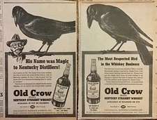 2 1937 newspaper ads for Old Crow Straight Whiskey - Most Respected Bird