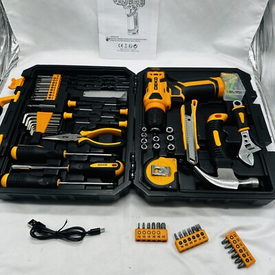 DEKOPRO 126 Pcs Hand Tool Set Mechanic Equipment Kit with Cordless Driver