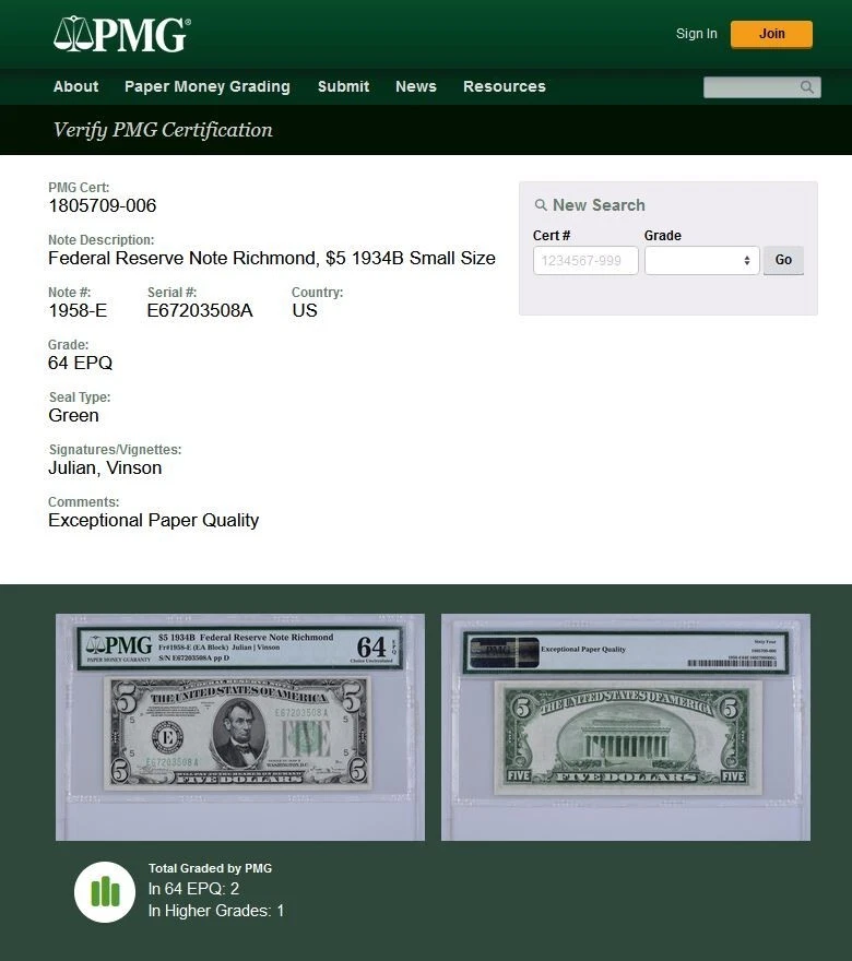 Second Best 1934B $5 Richmond FRN PMG 64EPQ crazy rare total 10 known Fr 1958-E - Image 2 of 4