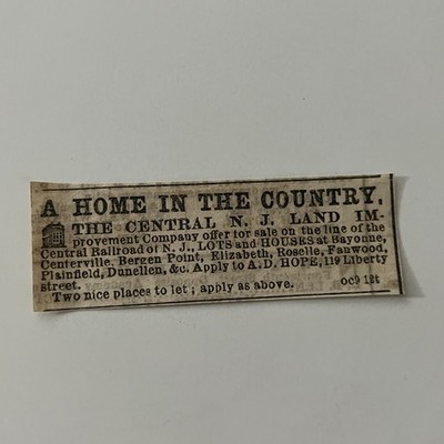 Central NJ Land Improvement Co Lots Houses AD Hope 1869 NY Clipping TAJ7-S89