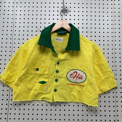 Engineered By Dre HER Button Shirt Womens Small Cropped Yellow Green Mechanic 