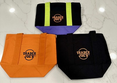 Trader Joe's Halloween Mini Canvas Tote Bag Set x3: Purple/Orange/Black NWT
