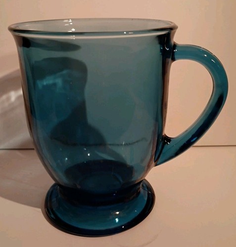 Anchor Hocking Smoke Blue Glass Footed 15 oz Coffee Mug Cup 5" Tall & 3.75" Dia!