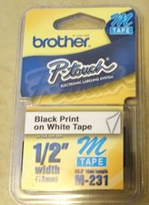 Brother P-touch M-231 Label Tape 1/2" Black Print on White Tape  NEW