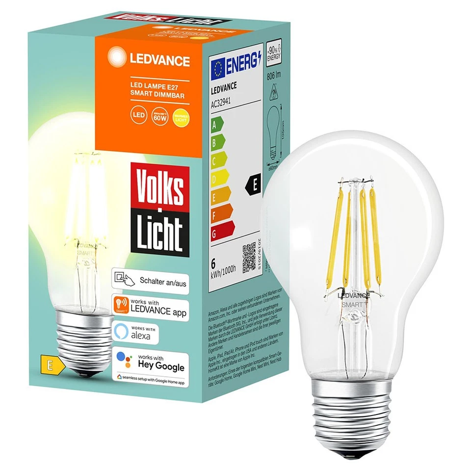 6 x Ledvance LED Filament Smart+ 6W E27 klar warmweiß dimmbar Alexa Bluetooth - Bild 3 von 4