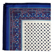 17" Blue  White Geometric Silk Pocket Square Handmade in Italy 