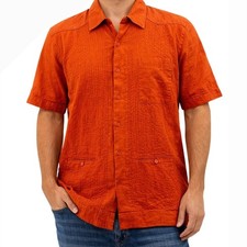 Men's 100 Linen Guayabera Shirt AL A'M Cuban Wedding Camp Orange Size 40