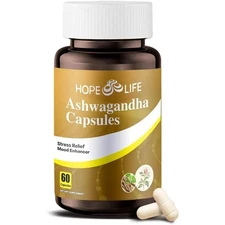 HOPE LIFE Ashwagandha Capsules Stress Relief Mood Enhancer 60 Count Diet Supp.