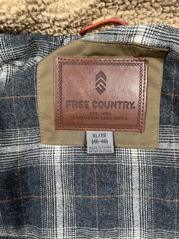 Free Country Jacket Mens XL Bark Brown Hooded Sherpa Lined Parka Coat Pockets - Image 3 of 4