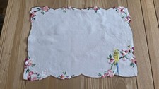 Vintage white Embroidered BUDGERIGAR Traycloth Centrepiece 19x13 Inches