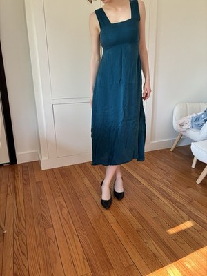 Vintage Teal Midi Dress Minimalist Sleeveless Slip Style Square Neck Women s S