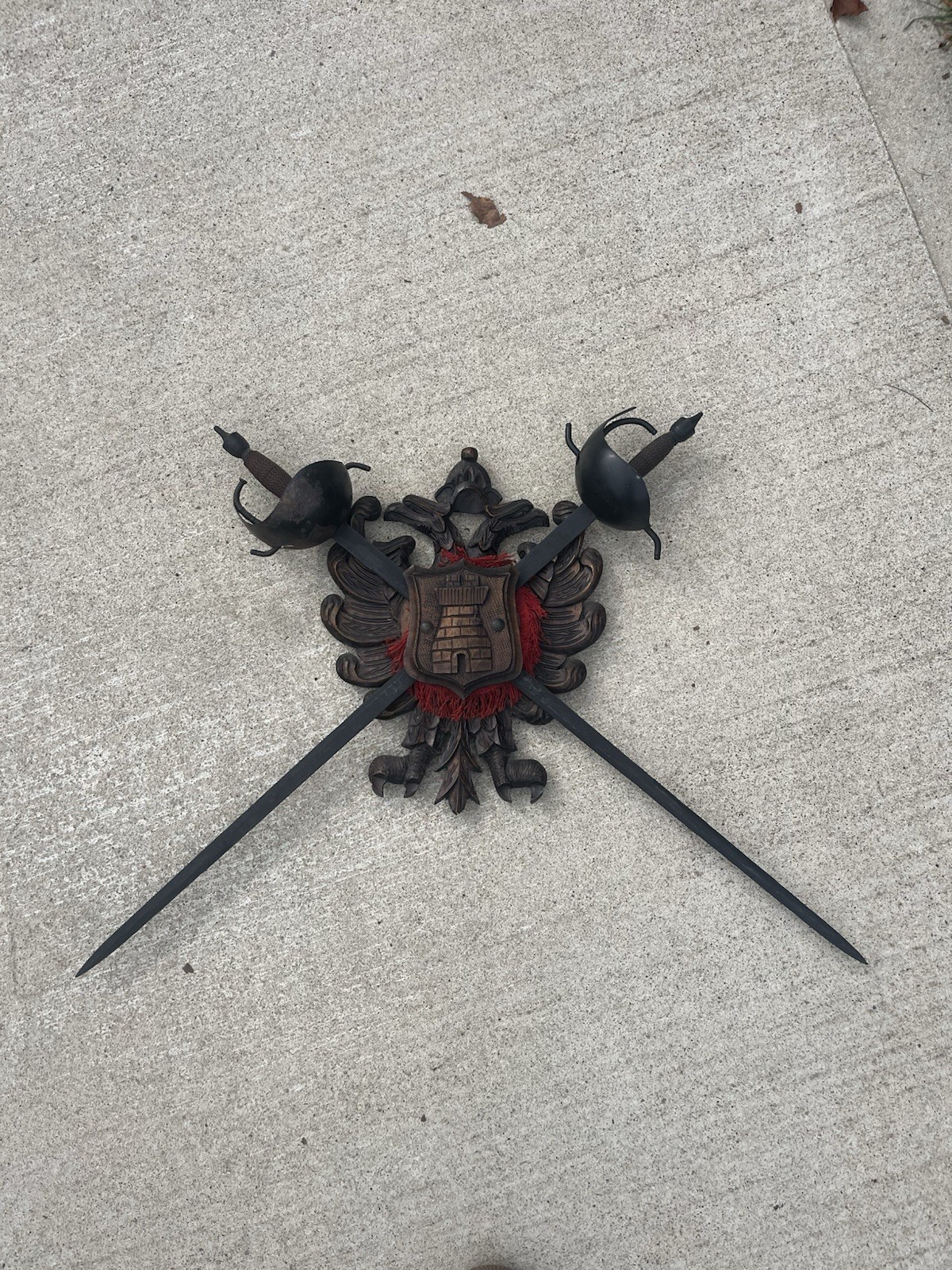 Crossed Swords Wall Hanging Medieval Carved Wood Shield Mount Duel Griffin VTG