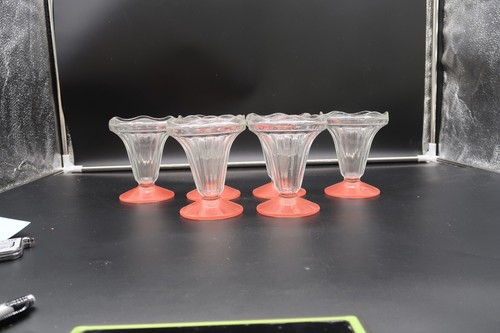 Vintage Frankreich Eisbecher gekräuselte Schale Dessert Glas korallenroter Boden 6er Set - Bild 13 von 15