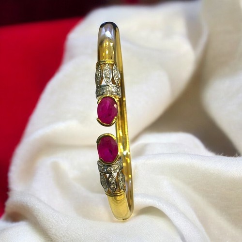 Elegant 2.70 Cts Round Brilliant Cut Diamonds Ruby Cuff Bracelet 14K Yellow Gold - Picture 3 of 8