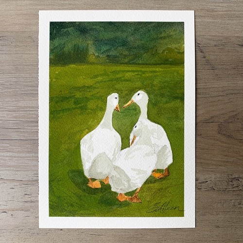 Watercolor Painting Barnyard Geese Ducks "Lola, Mildred, & Mable" Signed 5x7 - Picture 3 of 3