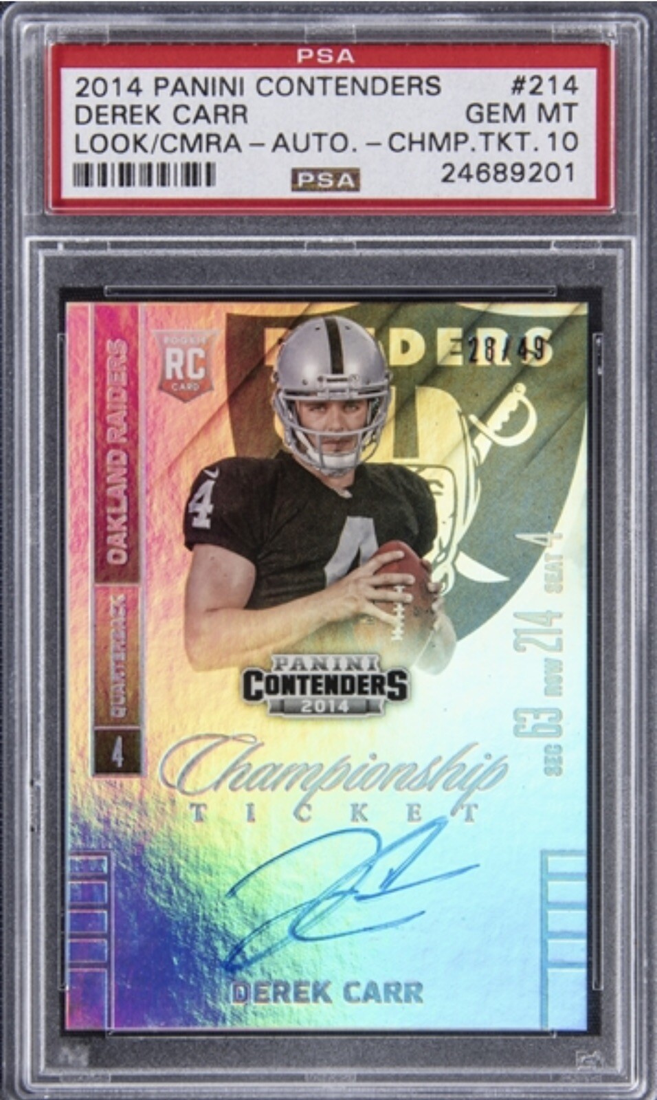 2014 Derek Carr Contenders Rainbow Foil /49 PSA 10 Variation B 