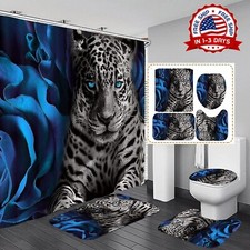 Juego De 4 Cortinas De Ducha Con Dise o De Rosa Azul Y Leopardo Con Alfombras US